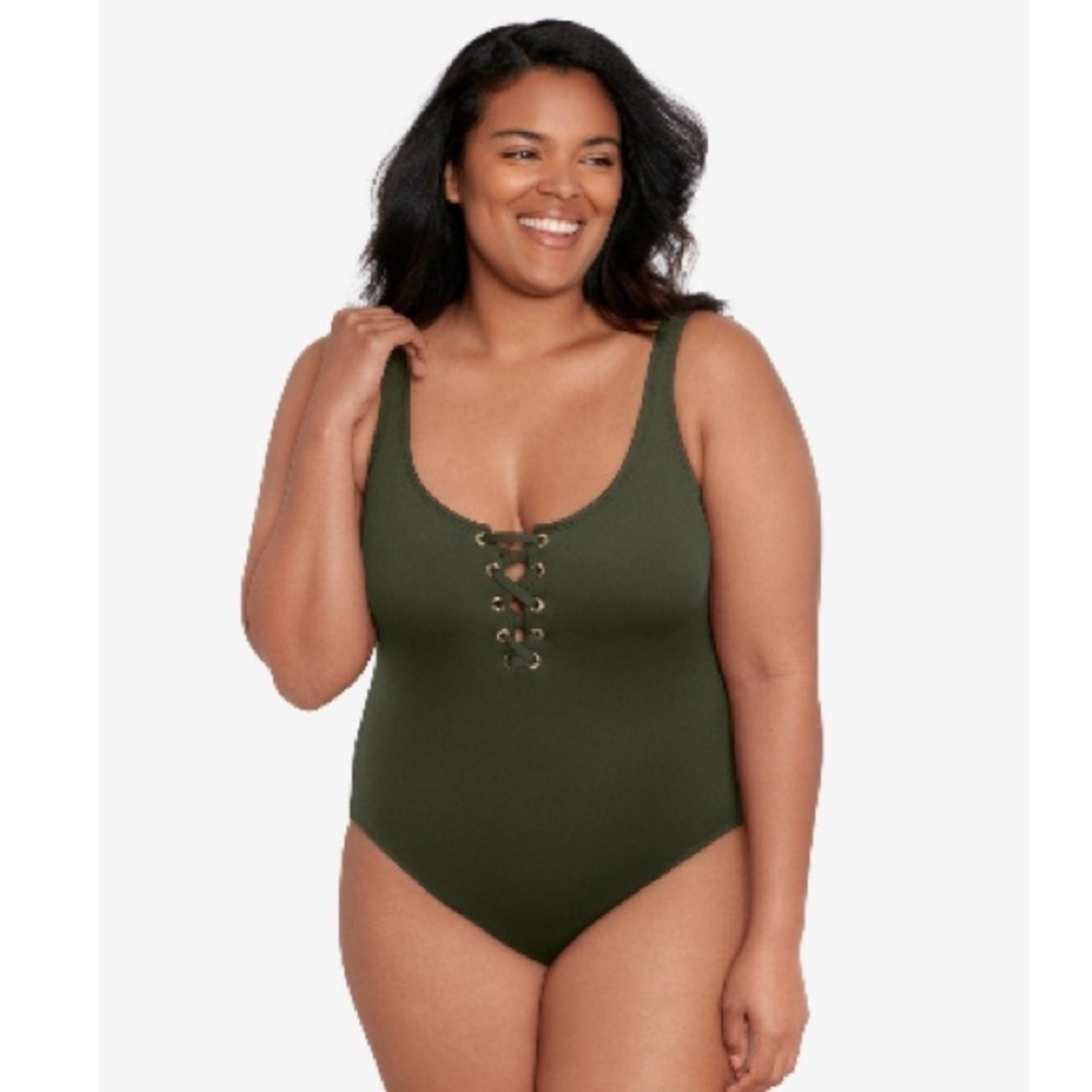 Ralph Lauren One-Piece Swimsuit Beach Club Solids Lace Front Swimwear Olive 22W